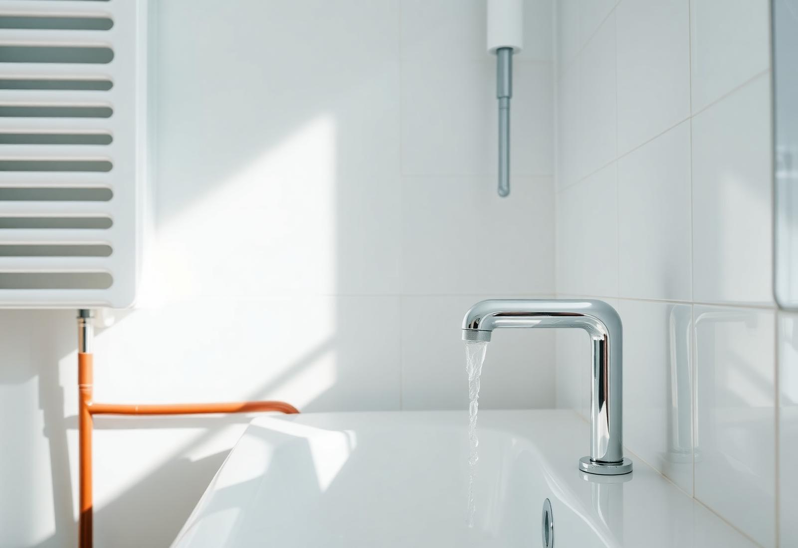 Moderne Sanitärinstallation mit Chrom-Armatur und Heizkörper